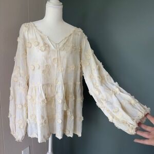 POL Cream Floral Embroidered 3D Applique Boho Babydoll Tassel Top M